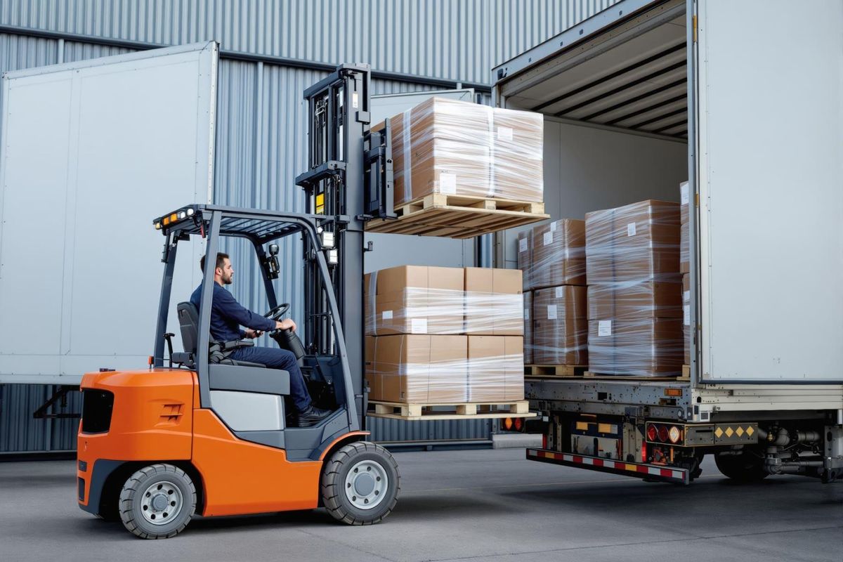 Empilhadeira carregando pallets paletizados em caminhão no galpão de distribuição da AVS